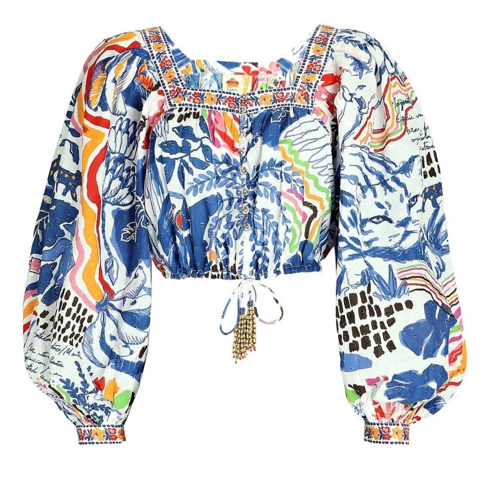 FARM Rio Wild Brazil Crop Top Square Neck Balloon Sleeve Top Womens XS
